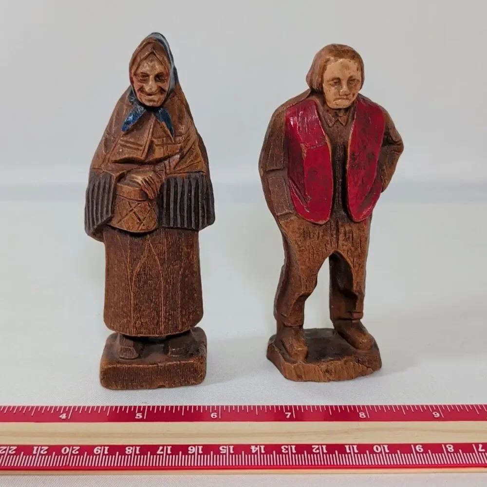 Vintage Hand Carved Wood Folk Art Man & Woman Figurines Painted Pair 4.5
